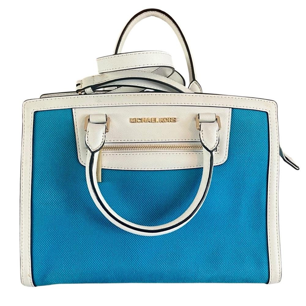 Michael Kors Retro Turquoise and White Leather-Trim Selma Crossbody Satchel